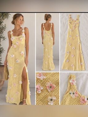 Free People For Love & Lemons Pale Yellow Crochet Daisy Dress